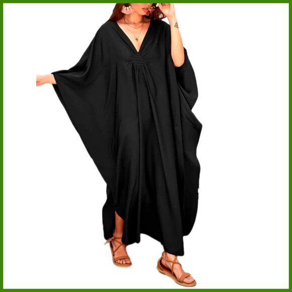 Solid Color V Neck Batwing Sleeve Plus Size Beach Kaftan Cover Up Dress
